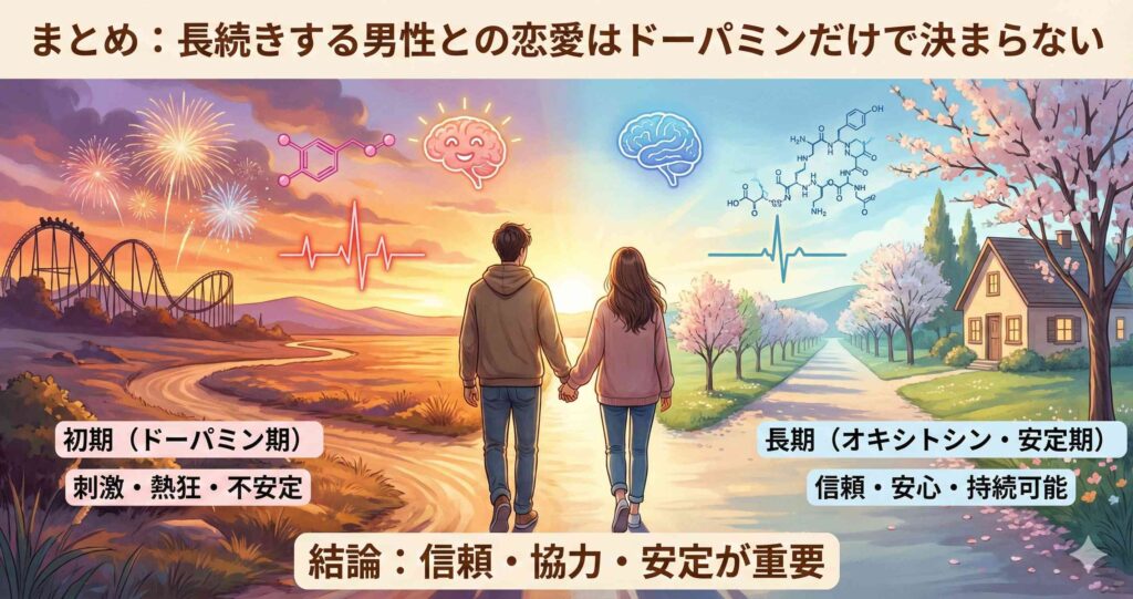 まとめ:長続きする男性との恋愛はドーパミンだけで決まらない