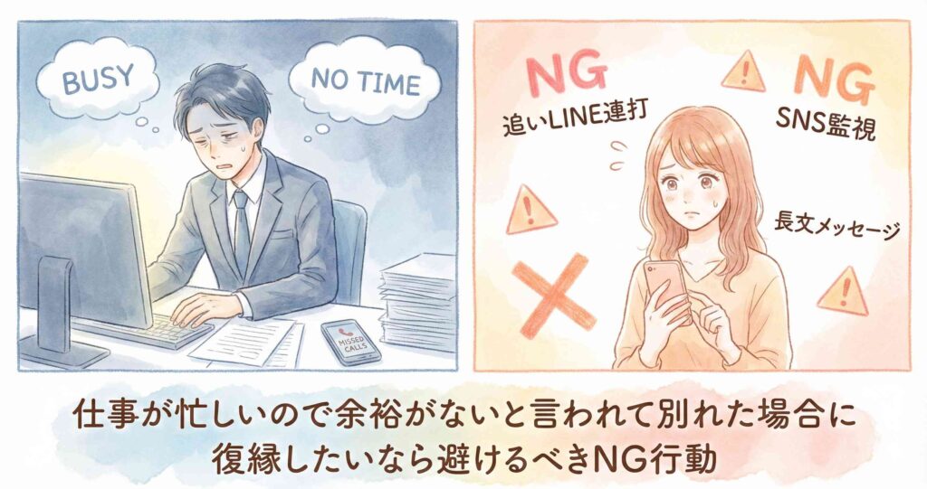 仕事が忙しいので余裕がないと言われて別れた場合に復縁したいなら避けるべきNG行動